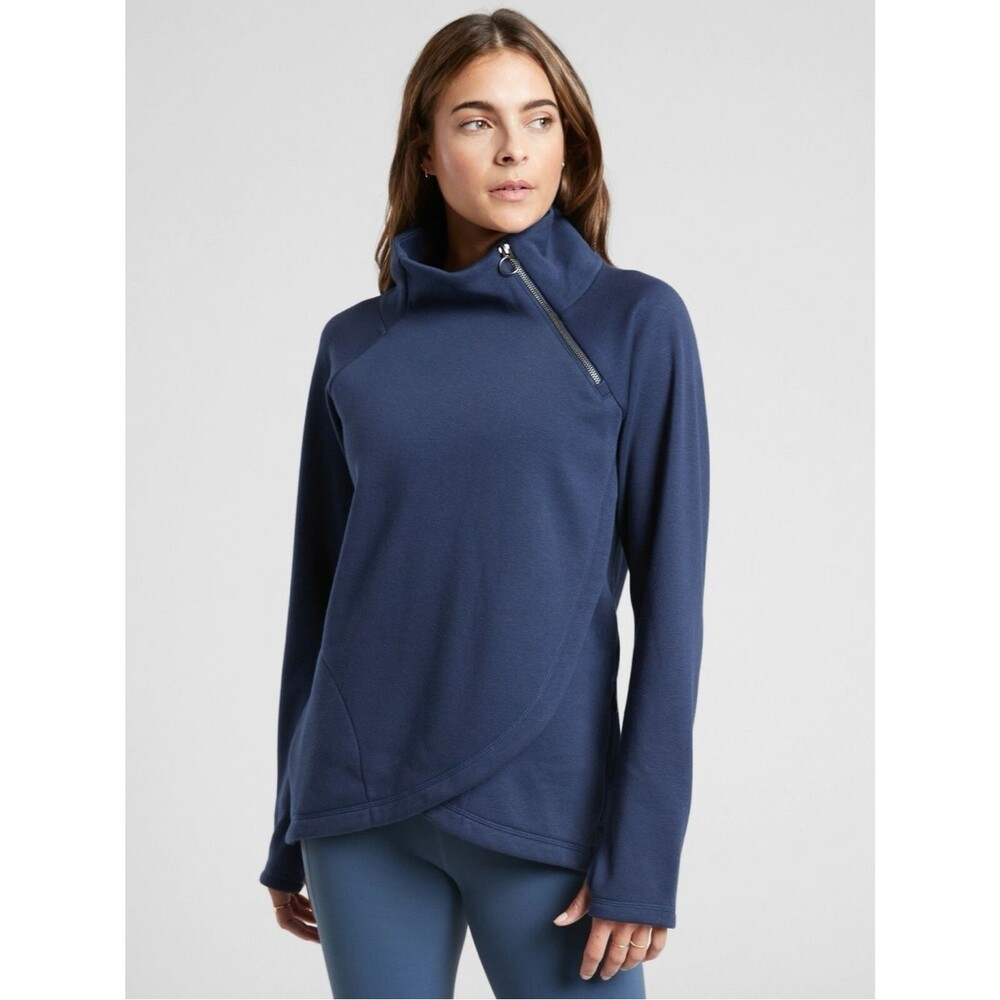 Athleta Cozy Karma Blue Asymmetrical Zip Fleece Lined Pullover Sweatshirt Top